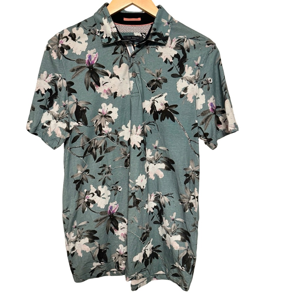 Ted Baker London Polo Shirt Large Blue Green Floral Short Sleeve Cotton Casual